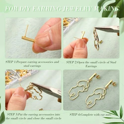 Vista 4 de Hinly 80 aretes de acero inoxidable con bucle, 80 piezas de barra de tuerca de oreja, poste perforado para hacer joyas de bricolaje, 2 tamaños Dorado