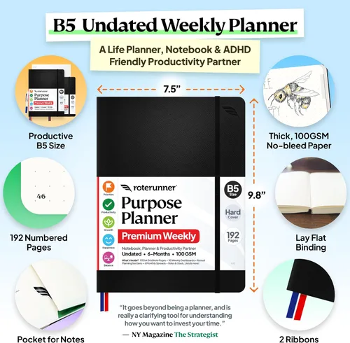 Vista 2 de Roterunner Cuaderno Planificador de Propósito B5 19 cm x 25 cm Sin Fechas 2026 Planificador Diario, Semanal y Mensual de Productividad