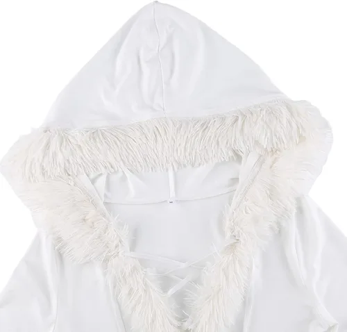 Vista 6 de Vestido de Navidad con capucha para mujer, sexy, cuello en V, con cordones, dobladillo de felpa, empalme, vestido de fiesta de Navidad, ropa de club