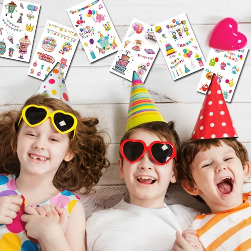 Vista 5 de CHARLENT Tatuajes de feliz cumpleaños – 14 hojas de tatuajes temporales para niños, niñas, recuerdos de fiesta y rellenos de bolsas de golosinas