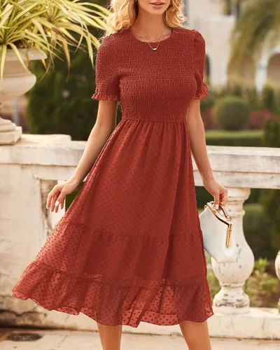 Vista 2 de NOLLSOM Vestidos de verano de manga corta con volantes para mujer, cuello redondo liso, fruncido, lunares suizos, vestido bohemio, vestido de cóctel