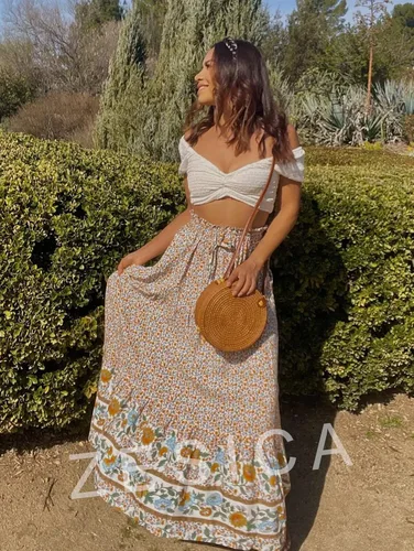 Vista 6 de ZESICA - Falda larga, estilo bohemio, estampado floral, acampanada, con cintura elástica y bolsillos