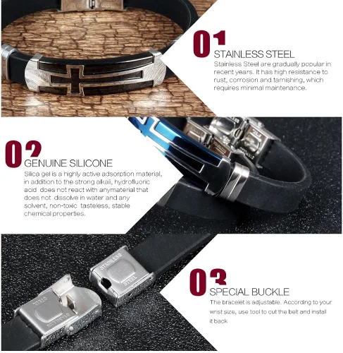 Vista 4 de M.JVisun Pulsera cruzada de silicona deportiva para hombre, regalo de confirmación para niños, pulsera de 7.87 pulgadas, Acero inoxidable Silicona