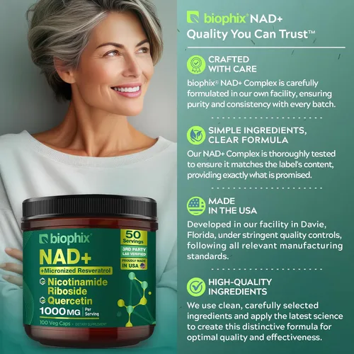 Vista 3 de biophix Suplemento liposomal NAD+ para mujeres y hombres, 1000 mg por porción, ribósido de nicotinamida, resveratrol micronizado y complejo