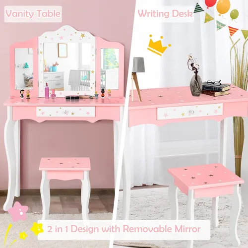 Vista 3 de HONEY JOY Juego de tocador para niños, mesa de maquillaje de madera estilo princesa con taburete y cajón, espejo de triple plegado, parte superior