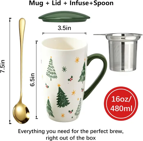 Vista 8 de Taza de té de cerámica con tapa, infusor y cuchara, 16 onzas Verde (Green Christmas)