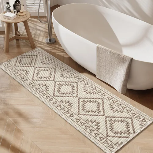 Vista 11 de PADOOR -Tapete de baño de punto gofre, súper absorbente, lavable a máquina, antideslizante, con borlas, tapete de baño suave para lavandería, Marrón