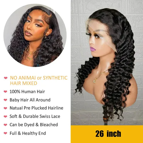 Vista 2 de Pelucas de cabello humano con malla frontal de 32 pulgadas de largo, 13x4 HD, ondulado profundo, transparente, 180% de densidad, sin pegamento