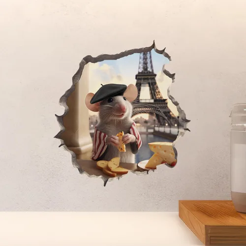 Vista 5 de Calcomanía de pared 3D con agujero de ratón de la torre Eiffel francesa