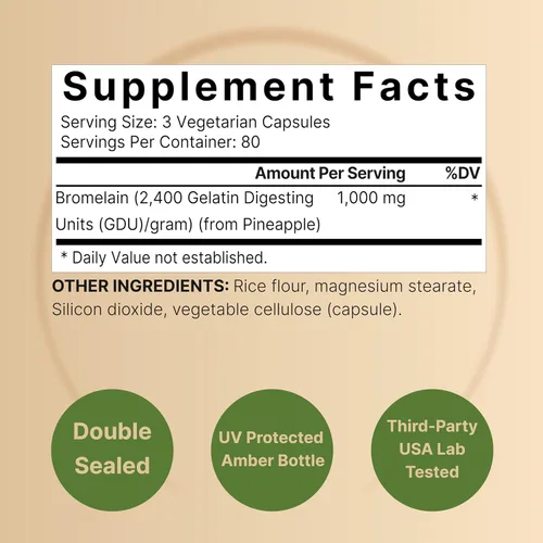 Vista 2 de NatureBell Bromelina, 1,000 mg por porción, 240 cápsulas vegetales 2,400 GDU - Enzimas digestivas y suplemento de apoyo articular - Enzimas