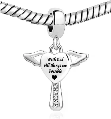 Vista 2 de KunBead Corazón Cruz Guardián Angel Wing Regalo de cumpleaños para la abuela Hermana Mamá Charms para pulsera collar