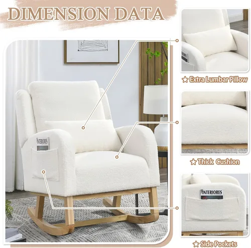 Vista 4 de JEEOHEY Mecedora para guardería, mecedora tapizada con respaldo alado, mecedora con respaldo alto cómodo, reposabrazos curvado, almohada lumbar