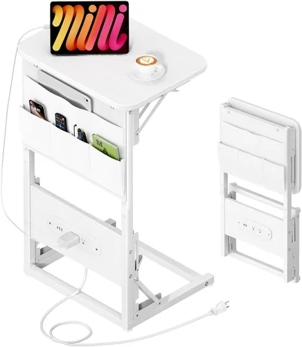 Vista 11 de HLDIRECT - Mesa auxiliar en forma de C con estación de carga, mesa lateral para sofá con bolsa de almacenamiento, bandeja para TV ajustable