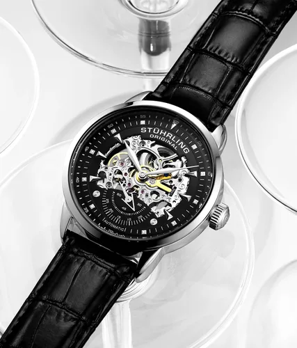Vista 2 de Stuhrling Original Reloj esqueleto automático para hombre, correa de cuero negro, reloj ejecutivo mecánico plateado