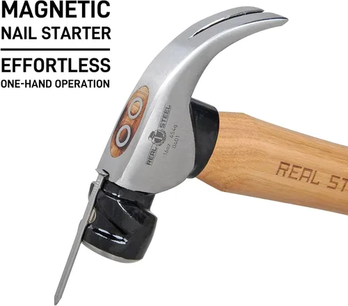 Vista 3 de REAL STEEL Martillo de garra curvada de cabeza magnética de 16 onzas con mango de madera de nogal garra con cara lisa 0401