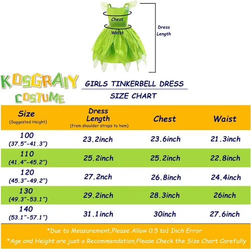 Vista 6 de Kosgraiy Disfraz de Campanilla para niñas, vestido de hada para niñas pequeñas con orejas y alas de elfo duendecillo, vestido de princesa de hadas