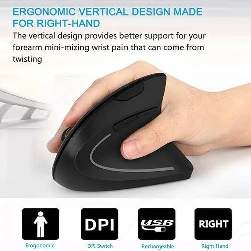 Vista 6 de Ratón ergonómico vertical inalámbrico recargable, mouse vertical óptico USB de 2.4 G con 3 DPI ajustables de 80012001600 niveles, 6 botones