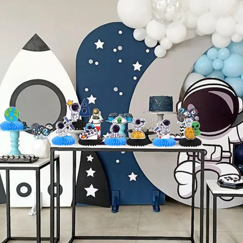 Vista 6 de 8 piezas de centro de mesa de nido de abeja del espacio exterior, cohete, planeta, viaje a la luna, astronauta espacial, centros de mesa