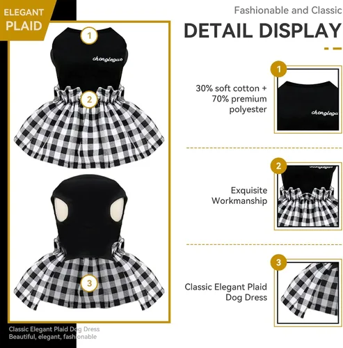 Vista 7 de PETCARE Vestido clásico para perros pequeños, vestidos negros a cuadros para perros, suave y lindo vestido de verano para cachorros, camisa Shih Tzu