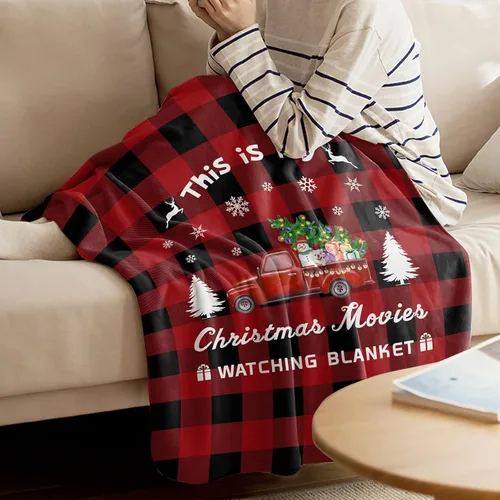 Vista 3 de Manta de Navidad para Camión, Super Suave de Franela y Forro Polar, "Esta es mi manta para ver películas de Navidad", Árbol Camión Rojo a Cuadros