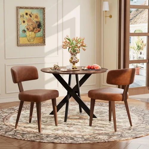 Vista 11 de Juego de mesa de comedor de madera para 2, mesa de cocina redonda de 36 pulgadas con 2 sillas de comedor Boucle, mesa de MDF con patas de metal