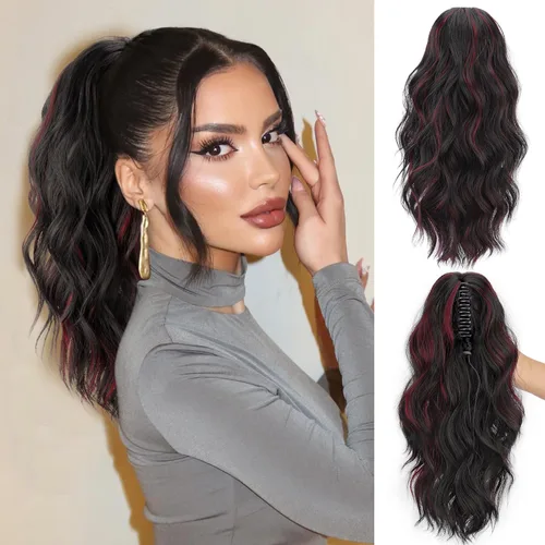 Vista 19 de FREEMEIGE Extensión de Cola de Caballo Negra con Cordón Extensión de Cola de Caballo Larga y Ondulada para Mujeres Extensión de Cabello de Cola de 1b