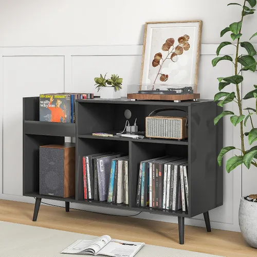 Vista 4 de Jluomei Mid-Century - Soporte para tocadiscos con gabinete de almacenamiento para discos de vinilo, mesa de jugador con toma de corriente, soporte