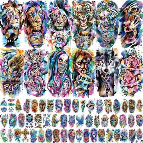Vista 13 de 49 hojas de tatuajes temporales tribales negros para mujeres, hombres, adultos, brazo, cuerpo, de larga duración, lobo maorí, tigre, león, guerrero