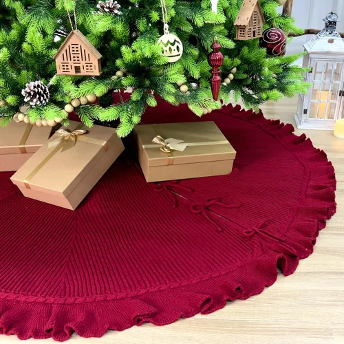 Vista 10 de Suéter de 36 pulgadas con volantes, falda de árbol de Navidad de punto con lazos de encaje, color burdeos