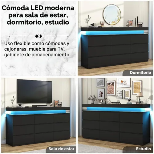 Vista 5 de chartustriable Cómoda de 9 cajones para dormitorio, cómoda blanca con luces LED, cómoda moderna para armario, armario organizador de cajones de 63