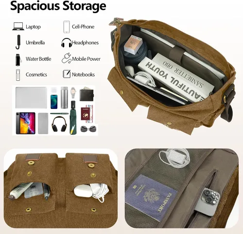 Vista 7 de Bolsa tipo mensajero para hombre, bolsa para laptop de 15.6 pulgadas, bolsa vintage de lona encerada, resistente al agua, maletín de cuero