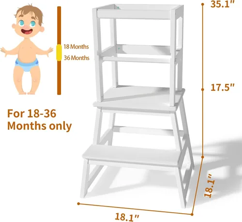 Vista 2 de Taburete de cocina para niños con riel de seguridad, construcción de madera maciza taburete de aprendizaje para niños pequeños, taburete Montessori