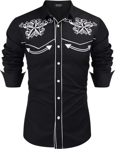 Vista 19 de COOFANDY Camisa occidental para hombre de manga larga con bordados, camisa de vaquero casual con botones café (01-Coffee(Pattern1))