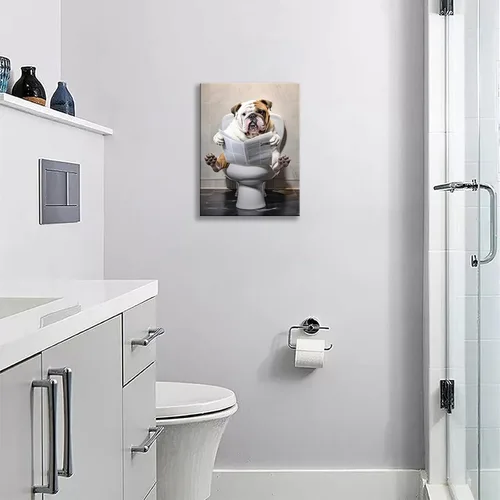 Vista 2 de Arte de pared de baño para perro, divertido decoración de pared de baño, diseño de bulldog inodoro, lienzo impreso, pintura para decoración
