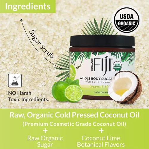 Vista 6 de Organic Fiji Exfoliante para todo el cuerpo - Infundido con aceite de coco, exfoliante de azúcar para una piel suave y suave, exfolia y restaura