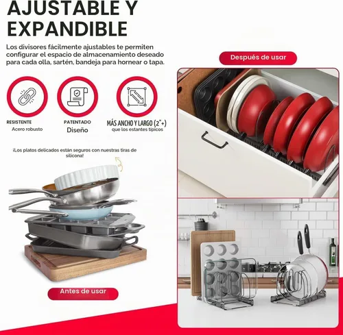 Vista 3 de BetterThingsHome - Soporte organizador de sartenes: se puede extender a 22.25 pulgadas, total 7 compartimentos ajustables. Gris Oscuro