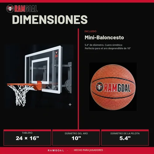 Vista 4 de RAMGOAL Canasta de baloncesto montada en la pared, mini ajustable para interiores con pelota Tablero de 24" resistente a roturas con borde