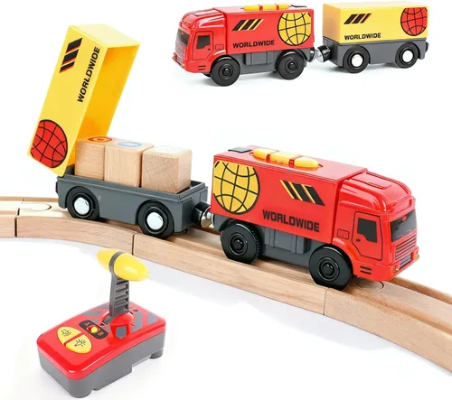 Vista 10 de Tren a pilas para pista de madera, potente locomotora con motor de control remoto, juguete de tren con luz y sonidos, regalo para niños pequeños