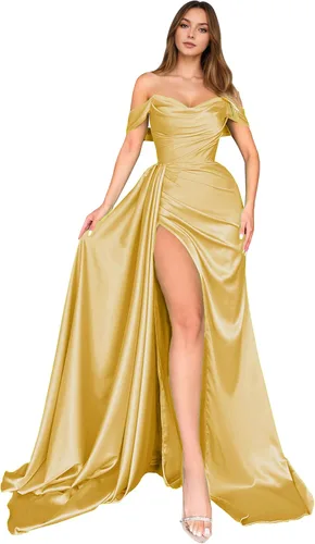 Vista 11 de Dream Wedding Vestidos de fiesta de satén con hombros descubiertos con Agua