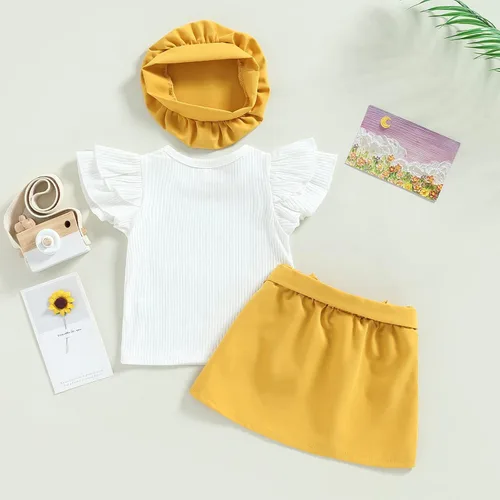 Vista 6 de Ayalinggo Conjunto de ropa para niños y niñas pequeñas, con volantes, manga acanalada, camiseta acanalada, falda acampanada, cinturón, sombrero