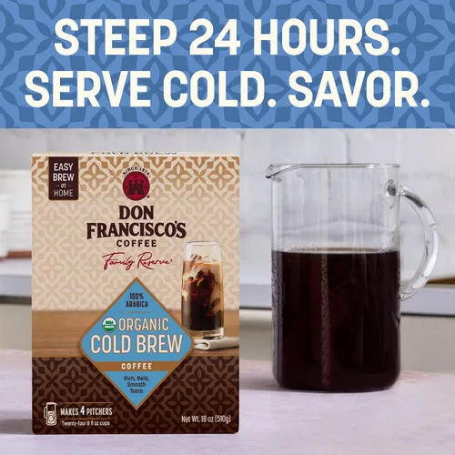 Vista 3 de Don Francisco’s Coffee Organic Cold Brew; café Orgánico, 100% cafe Arábica, tueste mediano-oscuro, 8 “Pitcher Packs” (rinde 4 jarras) USDA Organic