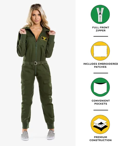 Vista 3 de Tipsy Elves Disfraz de piloto para mujer overol verde militar para Halloween