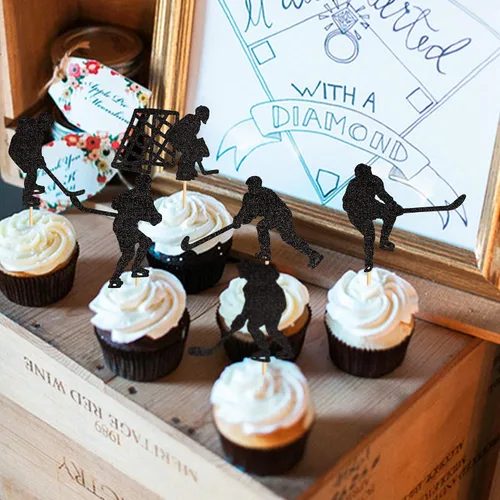 Vista 3 de Ercadio Paquete de 24 adornos de hockey para cupcakes temáticos deportivos, decoraciones para jugadores de hockey, baby shower, suministros