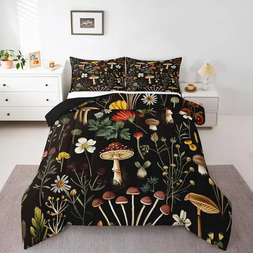 Vista 9 de Feelyou Lindo juego de ropa de cama de hongos kawaii tamaño individual para niños y niñas, decoración de hongos salvajes, juego de edredón