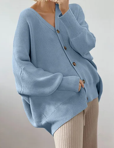 Vista 7 de ZESICA Cárdigan casual de manga larga para mujer, cuello en V, con botones, frente abierto, holgado, de gran tamaño, para mujer