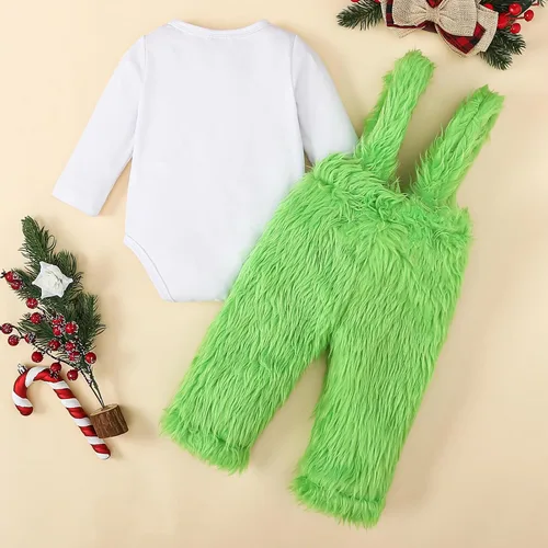 Vista 4 de Wrrkayly Conjunto de ropa de manga larga para bebé, niña, niño, Navidad, overol, falda con tirantes peludos, pantalones y falda con tirantes