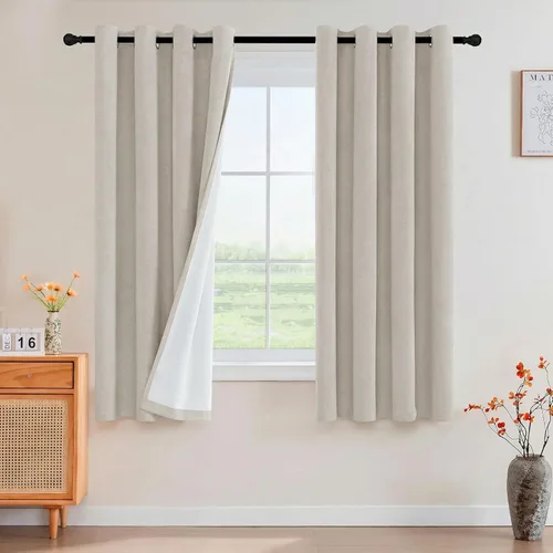 Vista 53 de Cortinas con textura de lino 100% opacas de 64 pulgadas de largo, juego de 2 paneles de cortinas de lino opacas con forro aislante térmico que Arena