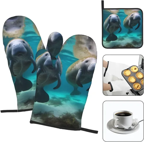 Vista 5 de West Indian Manatees - Guantes de horno resistentes al calor, 2 unidades y soportes para ollas, 1 unidad, guantes de cocina para hornear, juego de 3