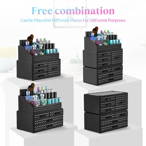 Vista 3 de Paquete de 3 organizadores de maquillaje apilables [actualizados], estuches de almacenamiento de cosméticos acrílicos con 8 cajones organizadores