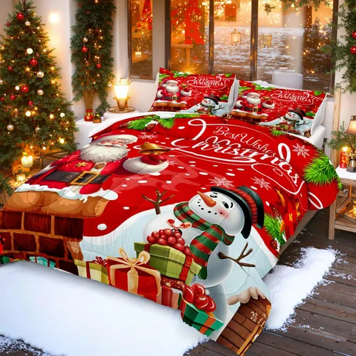 Vista 2 de Juego de edredón navideño de 4 piezas Papá Noel con copo de nieve blanco y rojo, juego de edredón con impresión de Navidad, festival de Navidad